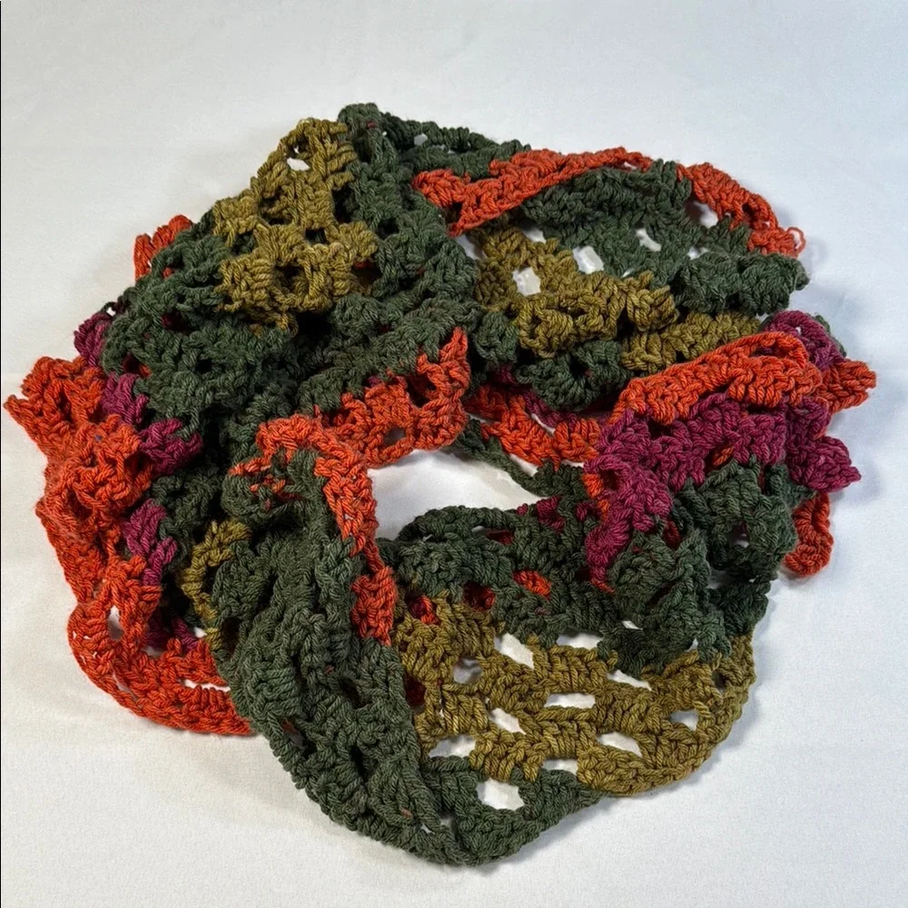 Vintage Handknit Scarf Green Orange Pink Cozy Boho‎ Cottagecore